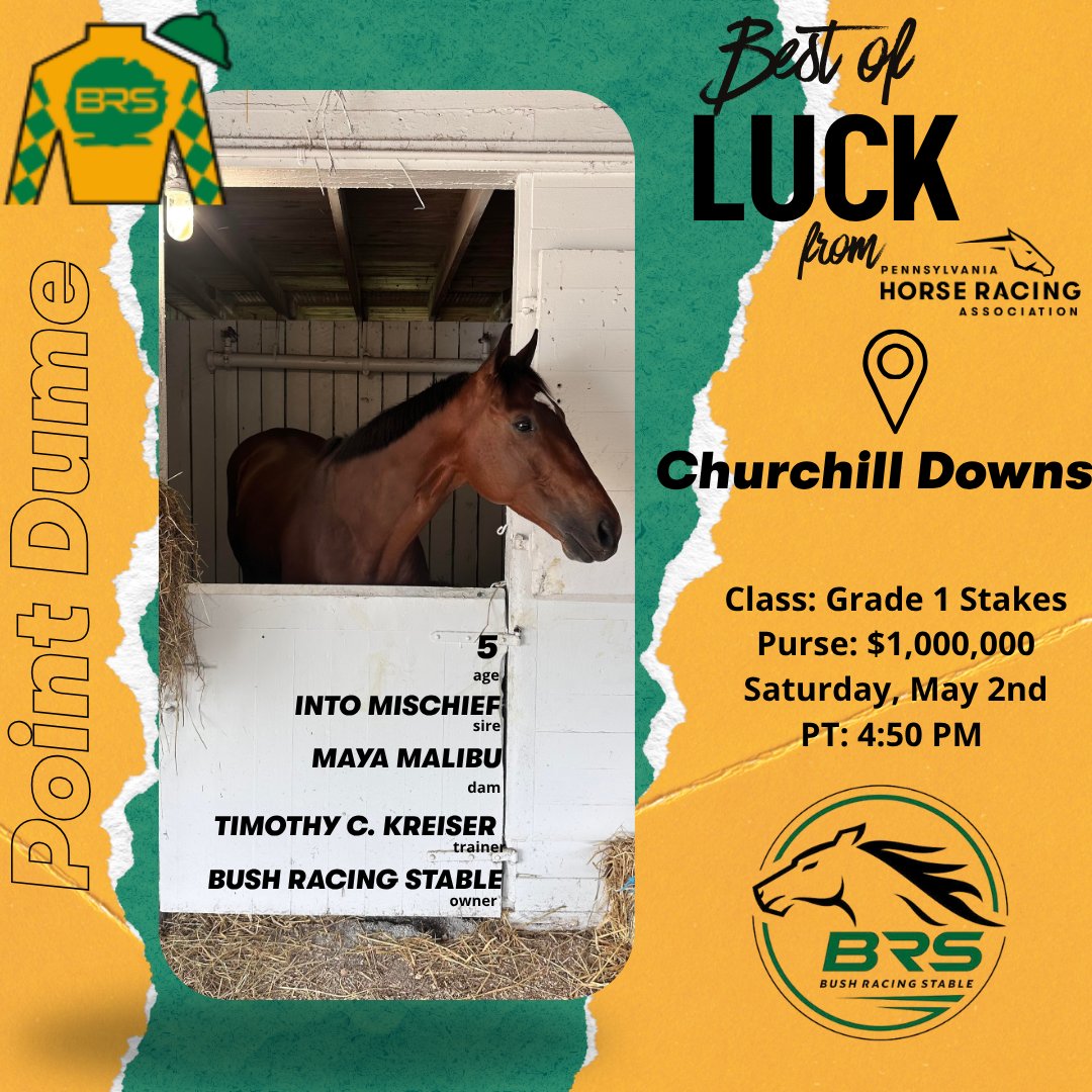 PennHorseRacing's tweet photo. Local roots, legendary tracks. We are incredibly proud to support Bush Racing Stable as they bring Point Dume to Churchill Downs today.

Watching a locally owned horse compete in a Grade 1 Stakes with a $1,000,000 purse is what it’s all about. Set your alarms for 4:50 PM —let’s go Point Dume! 🥂🏇

 #PointDume #DerbyDay #ChurchillDowns #PARacing #BushRacingStable #HorseRacing  #StakesRacing @BushRacing