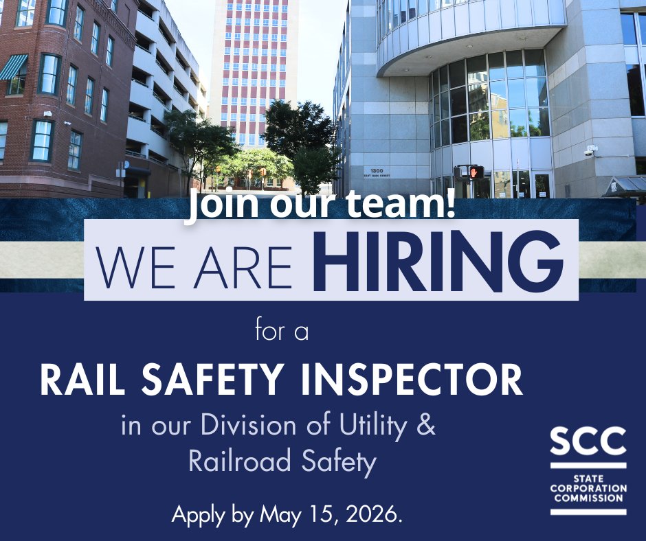 VAStateCorpComm's tweet image. Virginia State Corporation Commission has a #jobopening for a Rail Safety Inspector with our Division of Utility &amp;amp; Railroad Safety. Apply by May 15, 2026. Visit SCC Career Center to learn more about position &amp;amp; apply: bit.ly/2pGWWia #railsafety #careers #jobs #hiringnow
