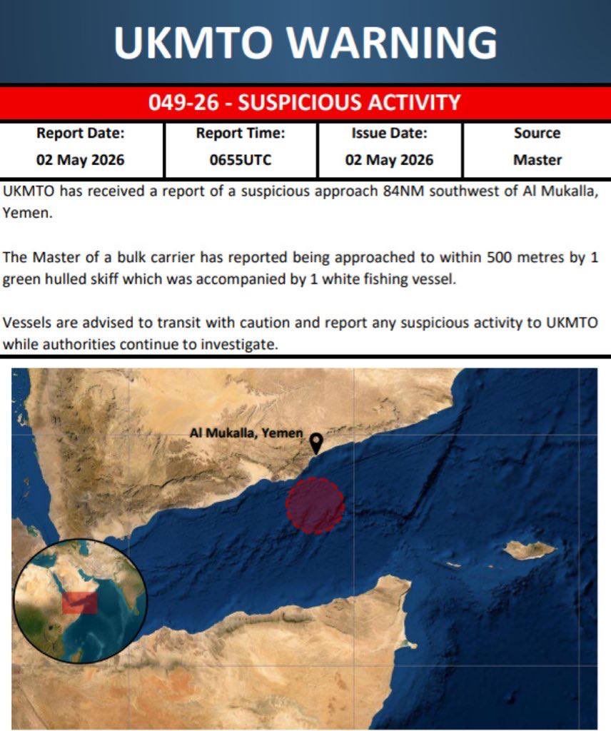 Krieg2026's tweet image. #Yemen #Houthis #Hezbollah #Hamas #Israel #Gaza

 According to the UKMTO, a bulk carrier was approached by a green hulled skiff and another smaller vessel, southwest of Yemen’s Al Mukalla.

 Similar incident also happened yesterday, around the same area.
