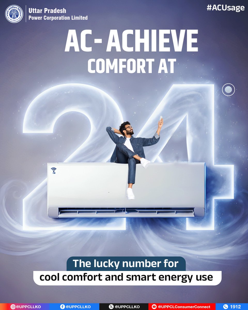 puvvnlballia's tweet image. Enjoy perfect cooling without overloading your system. Maintaining your AC at 24°C ensures efficient performance, reduced power consumption, and a longer appliance life. #UPPCL #SmartLiving #EnergyEfficiency
@UPPCLLKO
@EMofficeUP
@aksharmaBharat
@mduppcl