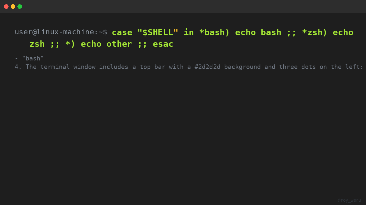 roy_weru's tweet image. Shell label? It’s a runtime choice. `case "$SHELL" in *bash) echo bash ;; *zsh) echo zsh ;; *) echo other ;; esac` prints bash, zsh, or other so your dotfiles can branch on start. What would you pair this with? Drop it below. 🐧

#shell #bash #zsh #scripting #devops