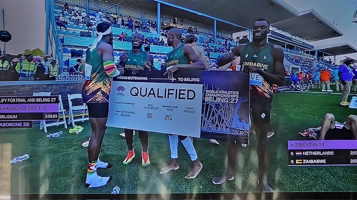 The Zimbabwe  4 by 400m relay team has qualified for the World Athletics Championships Beijing 2027 after a 3rd place victory at the Debsanwa World Athletics Relays in Gaborone Botswana 
A team that broke a national record set 29 years ago
Legends🇿🇼
