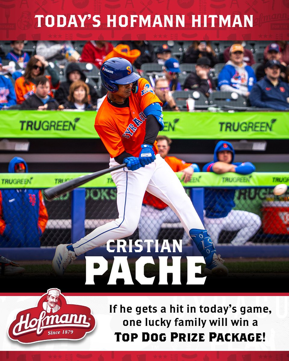 SyracuseMets's tweet photo. #OhSnap Today's Hofmann Hitman is Cristian Pache! If he gets a hit in today's game, one lucky family will win a Top Dog Prize Package Courtesy of @hofmannsausage! #tastetells https://t.co/ZFcrc2DqS5
