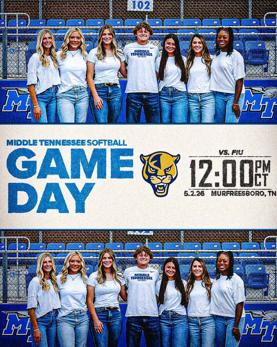 The last one

🆚 FIU
🏟️ Blue Raider Softball Field
📍Murfreesboro, Tenn.
⏰ 12:00 PM
📊 goblueraiders.co/SB-Stats-FIU-G…
📺 goblueraiders.co/SB-Watch-FIU-G…
🎟️ goblueraiders.co/SB-Single-Game…

#BLUEnited | ⚡️⬆️