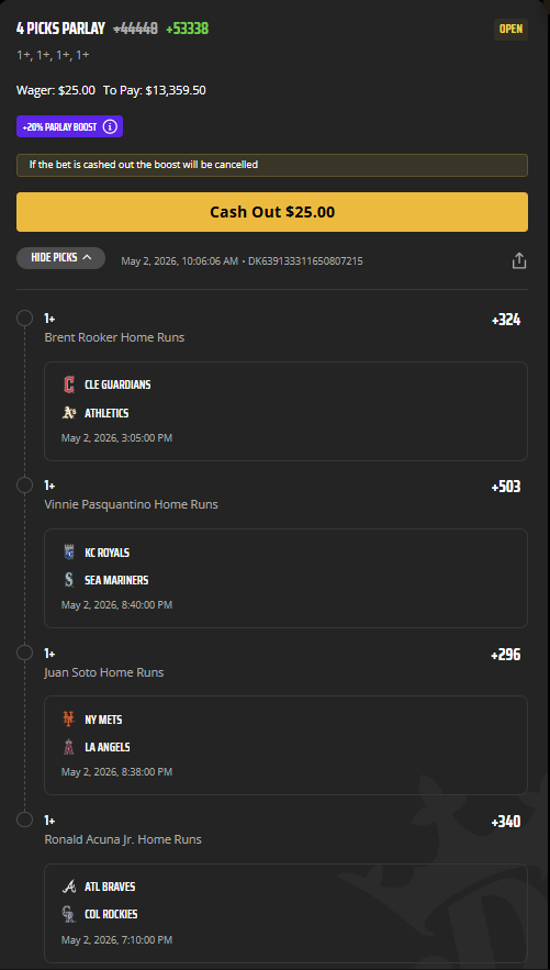 W3Bfox's tweet image. Promo/Play: HR Round Robin and Parlay -May 02
– They are all crap shoots, but they have the best BvP matchups of the day, great barrel rates, and the wind is going in the right direction in the right ballparks.
4 legs, (6) x 2-pick
#SportsBetting #GamblingX #DraftKings #betting