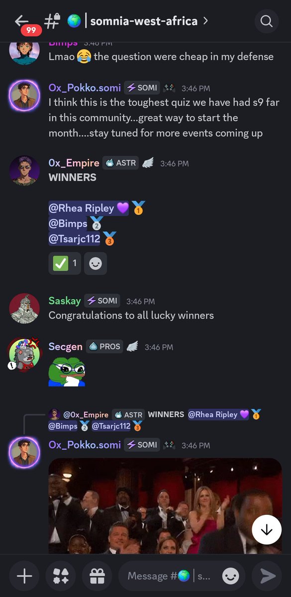 Ox_Pokko's tweet photo. If you were not here, you missed a whole lot of fun,
Congratulations to the winners of our quiz
🥇60 $SOMI
🥈40 $SOMI
🥉 30 $SOMI
#somniaNetwork #Somnia https://t.co/P6JVp8nCZ3