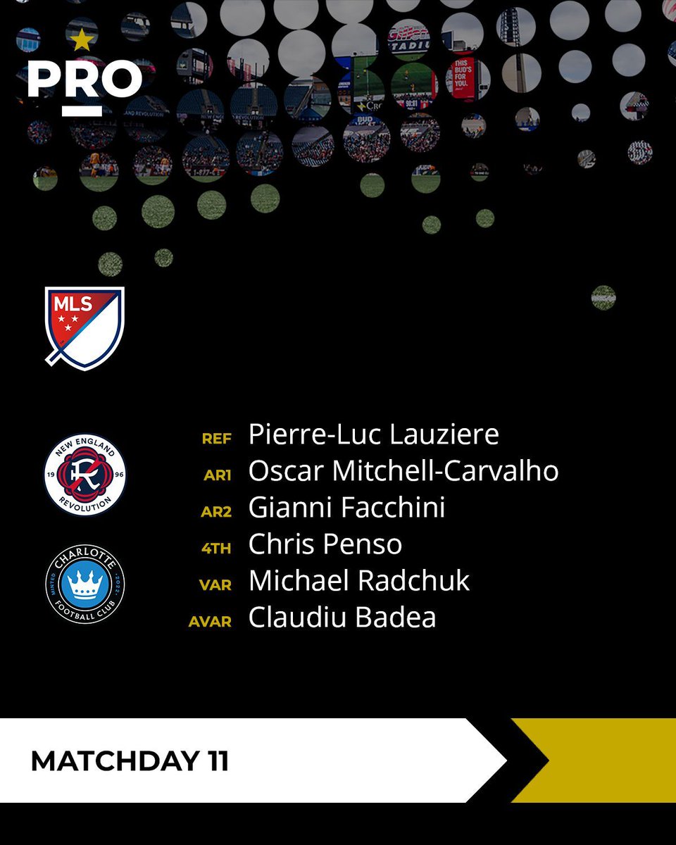 PROreferees's tweet image. ⚽ // @NERevolution vs @CharlotteFC (7:30PM ET)

#PRO | #MLS | #NERevs | #ForTheCrown