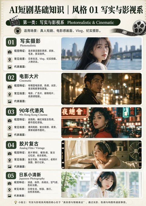 Huanusa's tweet photo. 7.风格：

1）风格四大类总览表

| 大类 | 英文 | 核心作用 | 适用场景 |
| 写实与影视系 | Photorealistic & Cinematic | 让画面像真实拍摄或电影剧照 | 真人短剧、电影感画面、Vlog、纪实 |
| 特定美学流派 | Aesthetics | 建立明确世界观和审美调性 | 科幻、恐怖、艺术海报、年代感 |
| 二次元与插画 | Anime & Illustration | 让画面具有动画、漫画、插画感 | 动画短剧、分镜、MV、平面设计 |
| 特殊材质与 3D | Texture & 3D | 强调材质、建模、产品化和 IP 感 | 3D动画、游戏资产、盲盒、创意视频 |

2）写实与影视系 Photorealistic & Cinematic

| 类型 | 英文 | 核心特征 | 适合场景 | 小白理解 |
| 写实摄影 | Photorealistic | 真实感强、细节清楚、接近真实拍摄 | 日常、Vlog、纪实、人物访谈 | 像真实相机拍出来 |
| 电影大片 | Cinematic | 画面高级、情绪强、光影构图讲究 | 剧情短片、广告、悬疑、情绪大片 | 像电影剧照 |
| 90年代港风 | 90s Hong Kong Cinema | 高饱和、红绿复古色调、霓虹、胶片感 | 港风短剧、黑帮、夜景、都市情绪 | 像老香港电影 |
| 胶片复古 | Analog Film / Vintage | 胶片颗粒、暖色调、旧照片感 | 复古写真、怀旧短片、旅行记录 | 像以前胶片相机拍的 |
| 日系小清新 | Japanese Photography | 清透、自然、高调光、空气感 | 校园、旅行、日常、治愈系 | 淡淡的、干净的、阳光的 |

3）特定美学流派 Aesthetics

| 类型 | 英文 | 核心特征 | 适合场景 | 小白理解 |
| 赛博朋克 | Cyberpunk | 未来感、科技感、霓虹雨夜、反乌托邦 | 科幻、未来城市、黑客、科技海报 | 未来城市加霓虹灯 |
| 极简主义 | Minimalism | 留白多、元素少、色彩克制、高级 | 艺术海报、品牌、产品展示 | 越少越高级 |
| 废土风 | Wasteland | 破败、荒凉、黄褐尘土、末日感 | 末日、生存、灾后、战争后 | 世界毁灭后的感觉 |
| 哥特 / 暗黑 | Gothic / Dark Fantasy | 黑红金、神秘、宗教感、压抑 | 暗黑奇幻、恐怖、反派场景 | 城堡、教堂、吸血鬼、仪式感 |
| 合成器波 | Synthwave | 80年代复古未来感、霓虹网格、渐变夕阳 | 音乐封面、复古科幻、海报 | 80年代想象中的未来 |

4）二次元与插画 Anime & Illustration

| 类型 | 英文 | 核心特征 | 适合场景 | 小白理解 |
| 日系动漫 | Anime Style | 大眼睛、清晰线条、青春感、情绪明显 | 动画短剧、校园、青春、角色设定 | 典型日本动画漫画感 |
| 手绘奇幻动画风 | Hand-painted Fantasy Animation Style | 温暖、治愈、自然、童话、梦幻 | 治愈故事、童话、自然冒险 | 温柔的手绘动画世界 |
| 美漫风格 | American Comic | 力量感、英雄感、冲突感、张力强 | 英雄、动作、热血、夸张设定 | 像超级英雄漫画 |
| 扁平插画 | Flat Illustration | 简洁、清晰、友好、信息传达高效 | 科普、PPT、产品介绍、封面、APP | 用简单色块表达信息 |

5）特殊材质与 3D Texture & 3D

| 类型 | 英文 | 核心特征 | 适合场景 | 小白理解 
| Q版3D | Chibi 3D | 可爱、活泼、亲和、治愈 | 儿童向、手游、动画、IP周边 | 头大身体小，圆圆的很可爱 |
| 写实3D | Realistic 3D | 真实、精细、沉浸、质感强 | 影视预演、产品可视化、建筑、广告 | 3D 做的但接近真实世界 |
| 盲盒潮玩风 | Designer Toy Style | 潮流、可爱、收藏感、IP感 | 盲盒、潮玩、品牌衍生品 | 像可以放盒子里卖的潮玩 |
| 黏土手作风 | Clay Craft Style | 童趣、温暖、柔软、亲和、手作感 | 定格动画、儿童内容、治愈短片 | 像黏土捏出来的 |
| 国风水墨 | Chinese Ink Wash | 古韵、意境、宁静、含蓄、诗意 | 古风、国风MV、山水意境 | 像中国水墨画 |
| 3D卡通风格 | 3D Cartoon | 可爱、活泼、亲和、趣味 | 动画短剧、儿童、卡通 IP | 像动画电影里的 3D 角色 |
| 像素风格 | Pixel Art | 怀旧、复古、游戏感、轻松、有趣 | 复古游戏、小游戏、怀旧 MV | 像老游