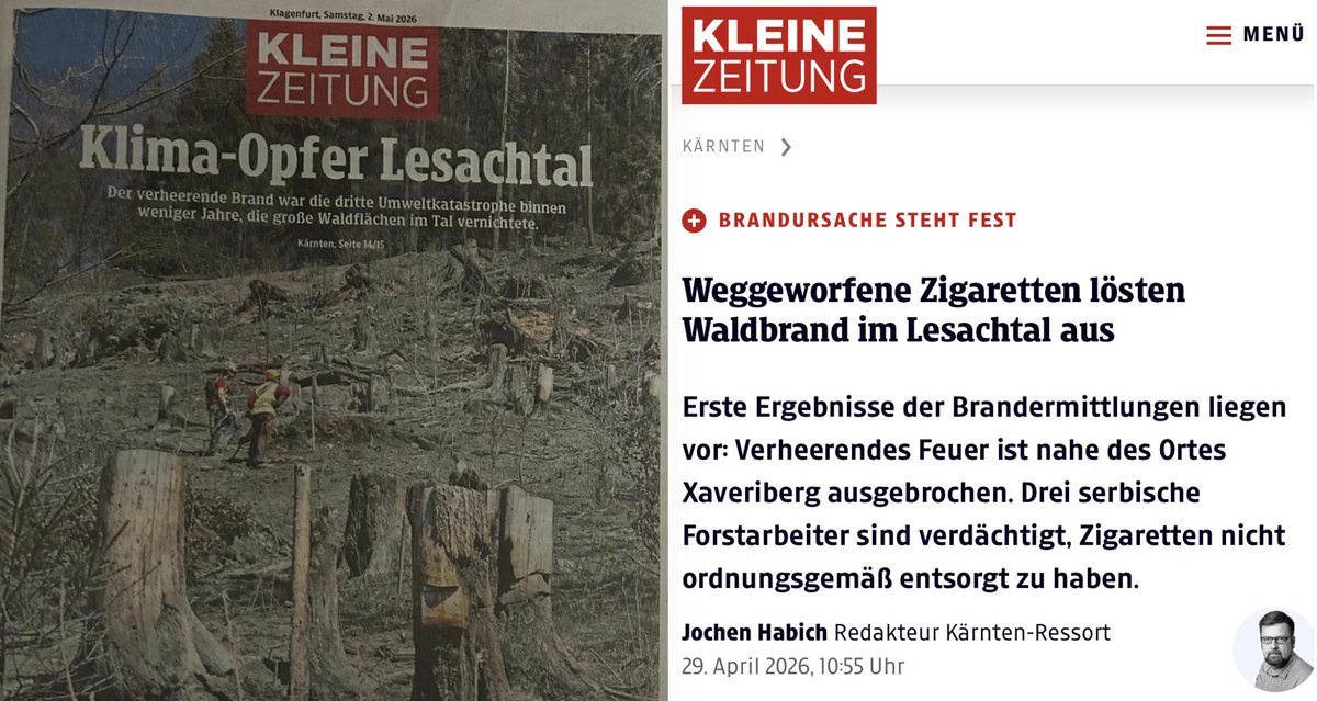 mz_storymakers's tweet image. Obwohl menschengemachte Brandstiftung die Ursache für den Waldbrand war, dichtet die #FakeNews-Schleuder @kleinezeitung mit @MichelJungwirth das #Lesachtal zum Klima-Opfer um 🇦🇹