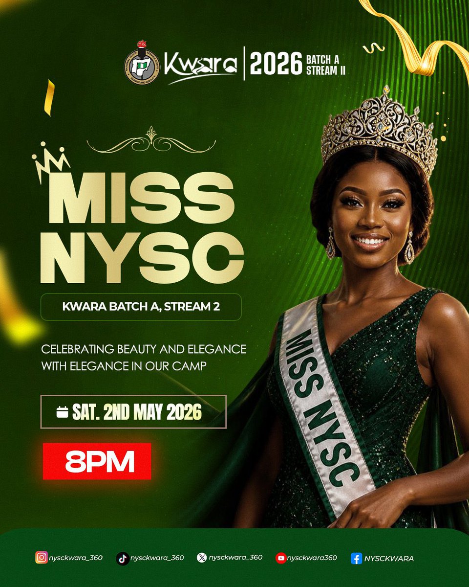 thenyscguide's tweet image. ARE YOU READY?? 🔥

Mr Macho &amp;amp; Miss NYSC 2026 goes down TONIGHT!

10 Platoons. 20 Contestants. 2 Crowns. 

Who’s taking it home? 

8PM Sharp
No African time tonight 😏

#MrMacho #MissNYSC #Tonight