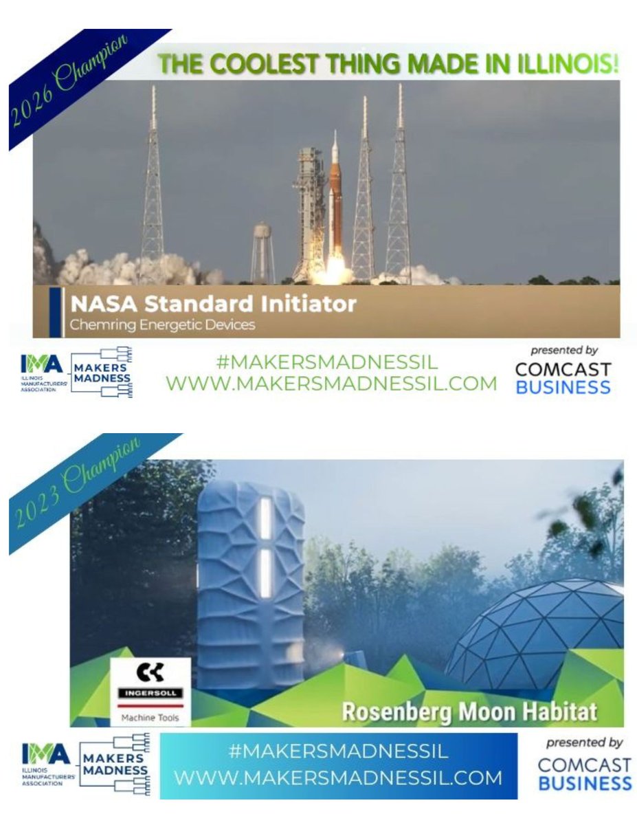 IMA_Today's tweet image. We can’t think of a better way to celebrate #NationalSpaceDay than by looking back at two “Makers Madness” competition winners representing The Coolest Thing Made in Illinois!

🚀The Rosenberg Moon Habitat was crowned by @GovPritzker as the 2023 winner of The Coolest Thing Made