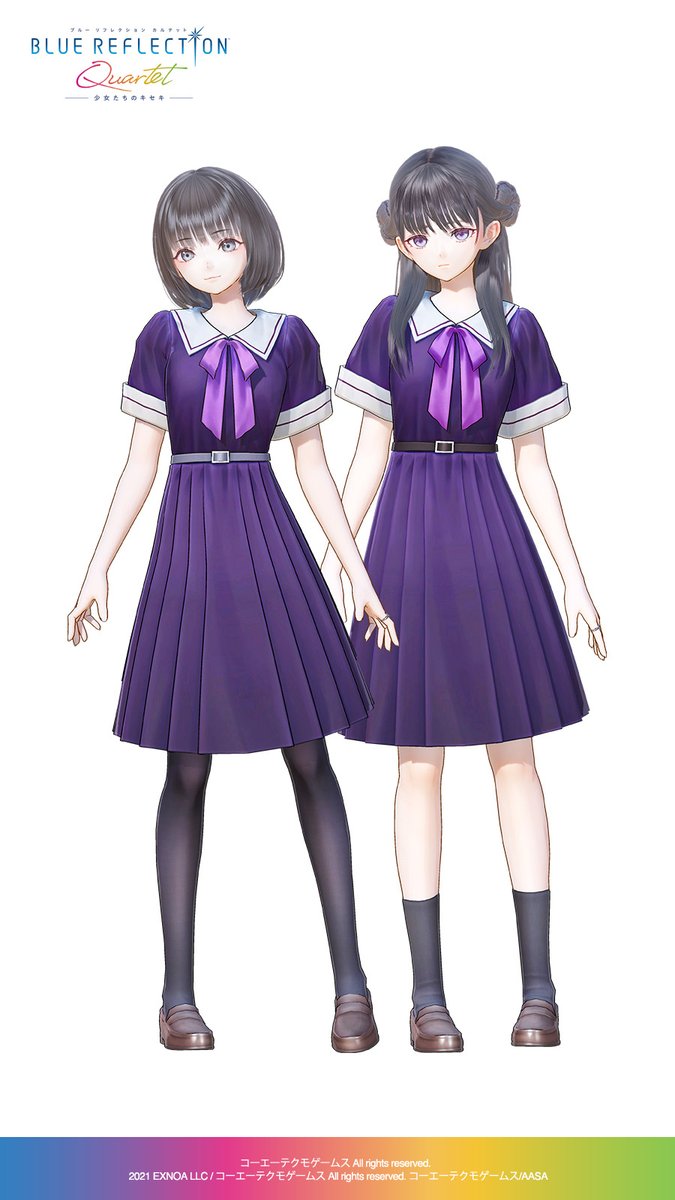 詩＆美弦は
「ミステリアスを纏う上品な紫」

先行配信衣装「制服（バディな世界Ver.）」は プレミアムBOXをチェック！

▼#ブルリフQ 予約受付中！
blue-reflection.com/quartet/jp/