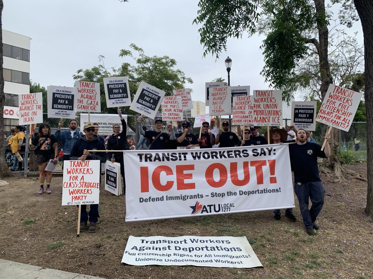foroneunion's tweet photo. LA Metro transit workers contingent at May Day, behind the ATU1277 banner calling for "ICE Out!" also raises demands in response to the cancellation of CDLs: “Preserve pay &amp; seniority!” https://t.co/vK9kslXjn4