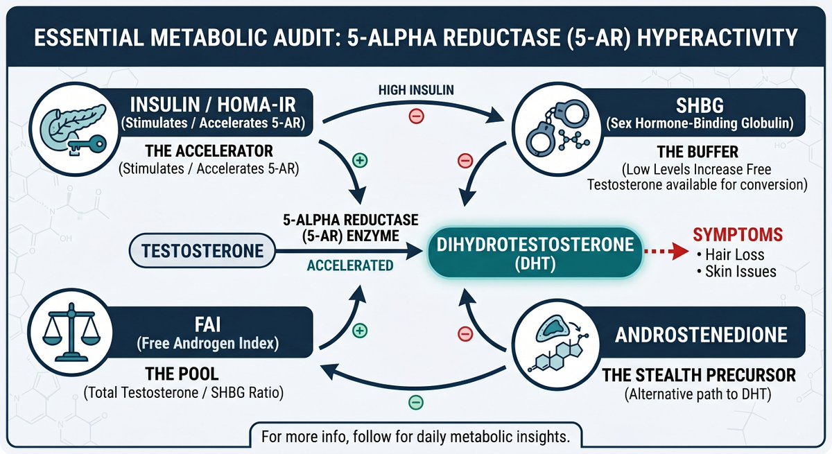 ForensicMedData's tweet photo. Did your doctor audit your metabolism before 5-AR blockers? Or just nuke the enzyme without investigating the hyperactivity? Did they check:
1) Insulin / HOMA-IR (the primary 5-AR accelerator)
2) SHBG (defines the substrate available for conversion)
3) Androstenedione (the "stealth" precursor)
4) Free Androgen Index (FAI)

If not, you’re suppressing a symptom while ignoring a systemic failure.For those who actually tested: were these parameters in range despite high DHT? Let’s see the data. #HormoneHealth #MetabolicHealth #DHT #Finasteride #5AR #MensHealth