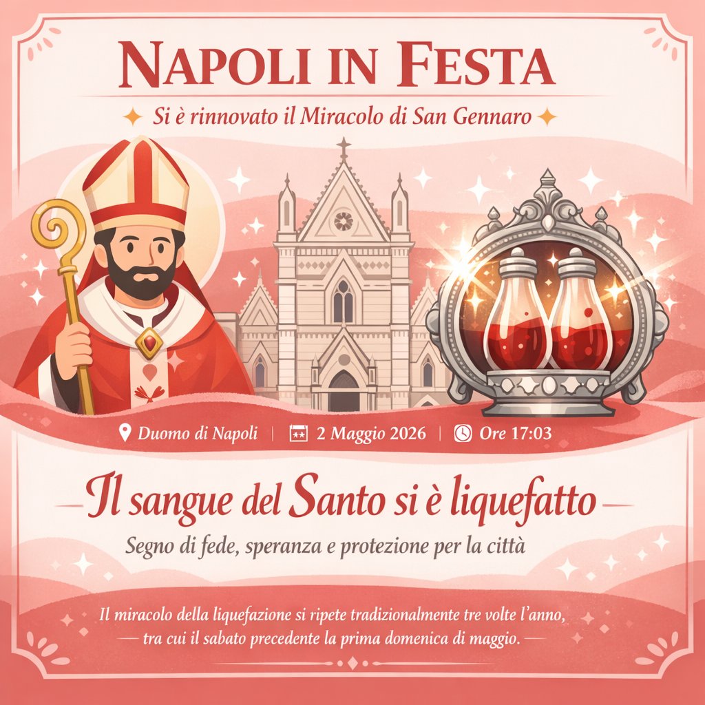Il sabato precedente la prima domenica di maggio, il busto e le ampolle contenenti il Sangue di San #Gennaro, insieme ai busti dei santi compatroni, vengono portati in processione per le strade della città, in ricordo della prima traslazione delle reliquie da Pozzuoli a #Napoli.