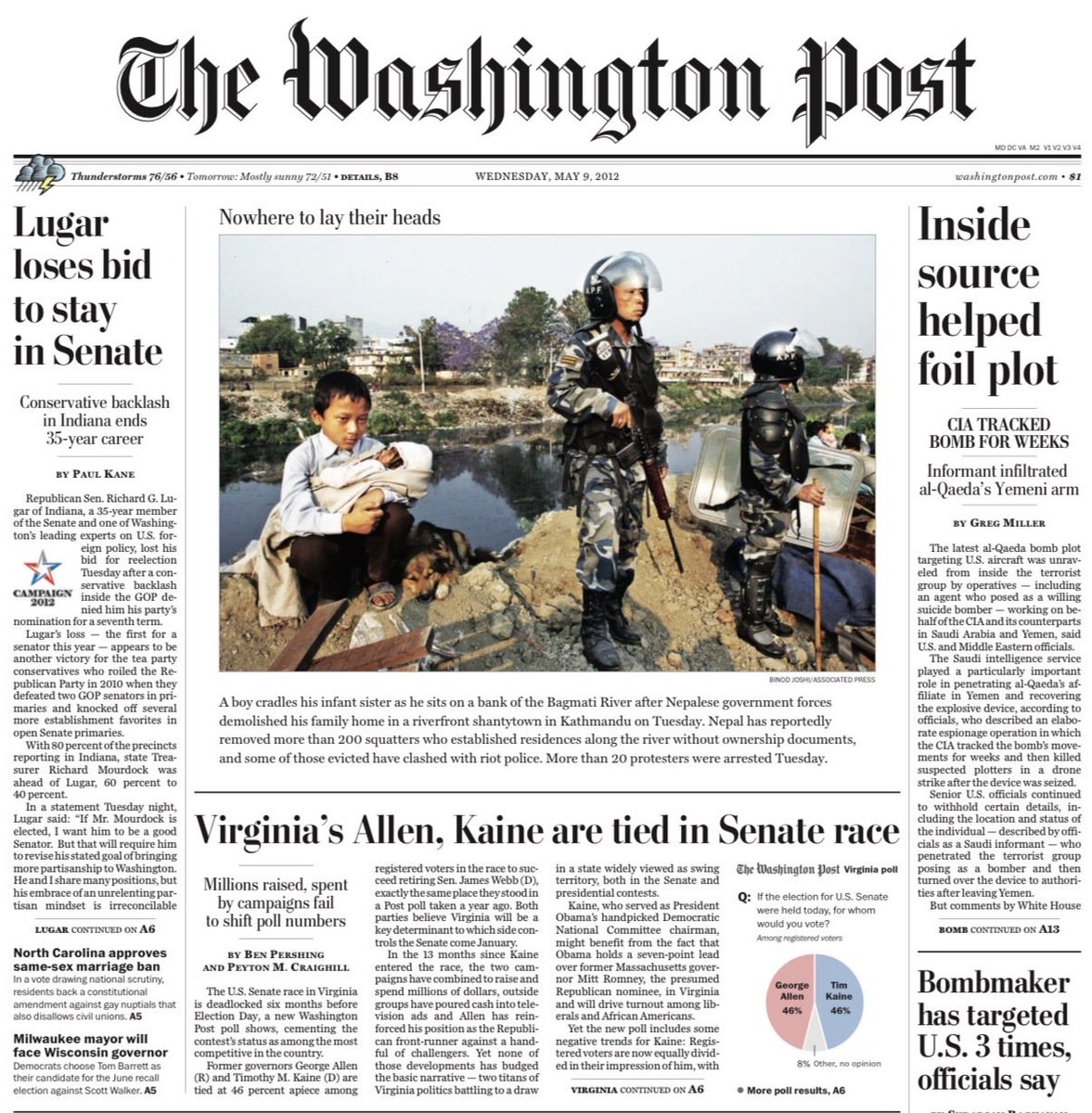AnupKaphle's tweet photo. Nepali government’s razing of squatter settlements across Kathmandu this week reminded me of this front page in the Washington Post from almost 14 years ago, featuring a boy cradling his infant sister after being evicted from squatter settlement by then government — https://t.co/UhVwYNCw7E