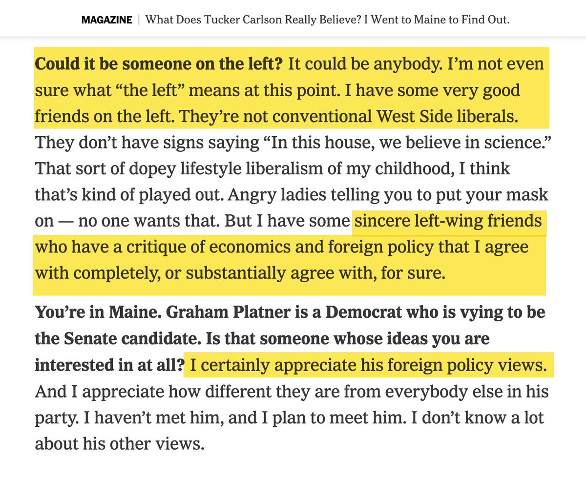 ggreenwald's tweet photo. The whole interview is well-worth reading (link to free access below). It's part of the long-form NYT interview feature from @LuluGNavarro, who often does probing and unexpectedly reveaing interviews with cultural celebrities.

There's lots worth reading on Trump starting the Iran War, JD Vance, Israel, and why endless culture war fights (race, gender, trans, etc.) are manufactured distractions from the ruling class to prevent focus and unity around economic and military power. 

Will just note this one passage on the question to Tucker about whether real economic populism can or will come from the American left or right, and his views on Graham Planter (he lives in Maine):

https://t.co/1mHRUAcn52