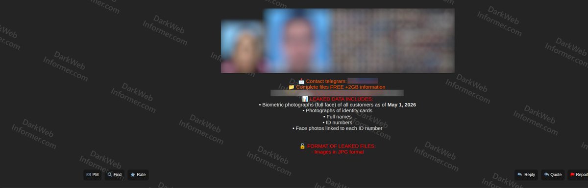 DarkWebInformer's tweet photo. ‼️🇪🇨 Banco de Machala, an Ecuadorian bank, has allegedly been breached, with over 100,000 biometric customer records leaked for free.
⠀
‣ Threat Actor: GondorPe
‣ Category: Data Leak
‣ Victim: Banco de Machala
‣ Industry: Banking / Finance
⠀
The actor claims the bank's biometric authentication system was compromised, granting full access to the customer database and image repository, which was reportedly stored without proper protection.
⠀
What's in it:
⠀
▪️ 100,000+ biometric records of customers
▪️ Biometric photographs (full face) of all customers as of May 1, 2026
▪️ Photographs of identity cards
▪️ Full names
▪️ ID numbers
▪️ Face photos linked to each ID number
▪️ Files distributed in JPG format