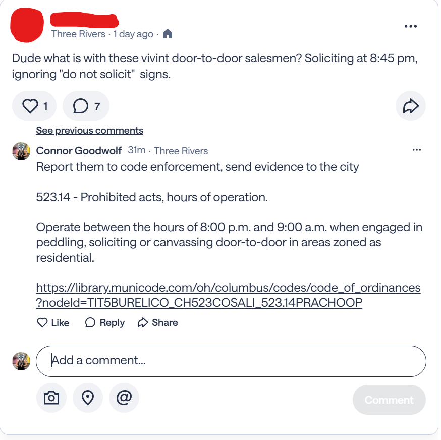cgoodwolf's tweet photo. Does @VivintHome make sure their door-to-door salesmen understand they must stop at 8pm in Columbus, Ohio?

They're also not complying with no solicitation signs, which can lead to trespassing charges.

@VivintHome I will escalate this if needed https://t.co/g60bw7OjTq