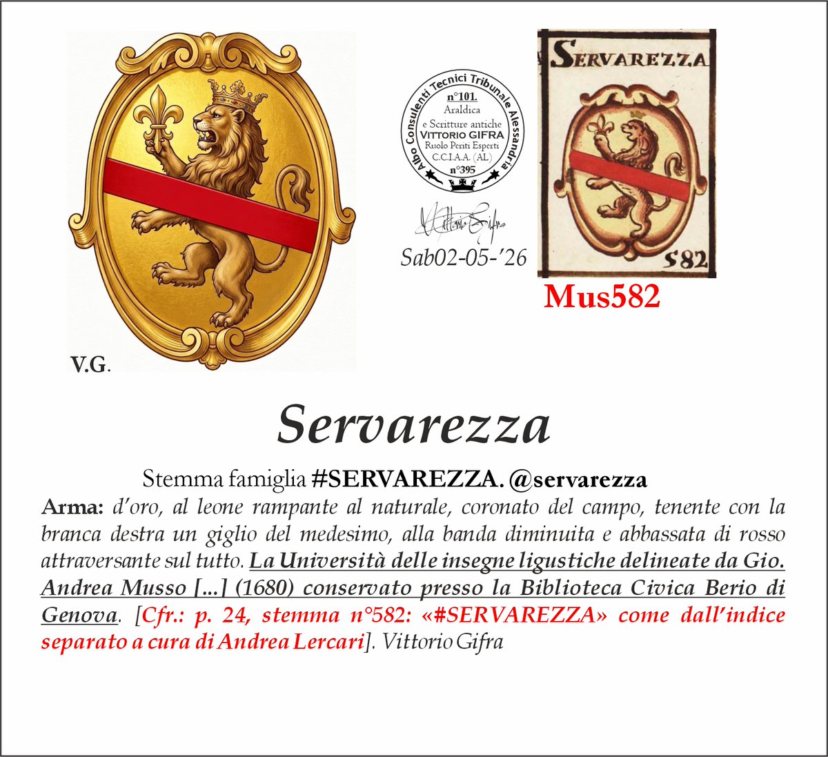 VGIFRA's tweet photo. Stemma famiglia #SERVAREZZA. @servarezza
Arma: d’oro, al leone rampante al naturale, coronato del campo, tenente con la branca destra un giglio del medesimo, alla banda diminuita e abbassata di rosso attraversante sul tutto. La Università delle insegne ligustiche delineate da Gio. Andrea Musso [...] (1680) conservato presso la Biblioteca Civica Berio di Genova. [Cfr.: p. 24, stemma n°582: «#SERVAREZZA» come dall’indice separato a cura di Andrea Lercari]. Vittorio Gifra