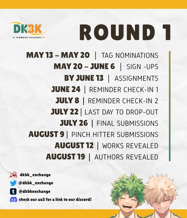 dkbk_exchange's tweet photo. The DKBK Fanwork Exchange is excited to announce that TAG NOMINATIONS are going live on May 13th! We are so excited to get this round going. We are also introducing an integrated Google Calendar to provide regular updates, so stay tuned &amp; join our discord for more!

Links below⬇️ https://t.co/QEtC4ap5vc
