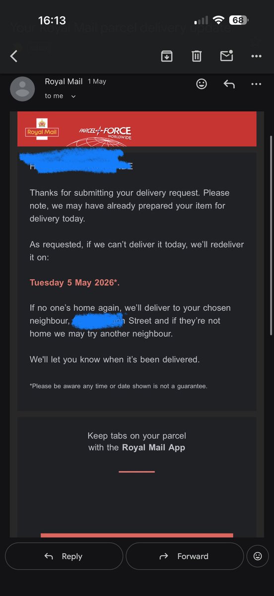 Olu_mind's tweet photo. @RoyalMail I’m writing to raise a concern about a recent delivery. Despite clearly stating in my delivery instructions that the parcel should be left with a neighbour if I am not home, the driver left it unattended at my front door and marked it as a “safe place.” https://t.co/qZBGfA3a9Y