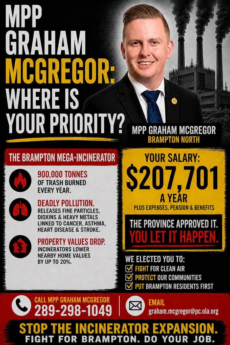 BramptonSpeaks's tweet image. Salaries and contact information of the #Brampton PC MPP's who allowed a mega incinerator for all of Ontario's trash in the most highly populated area of the GTA with the least amount of healthcare per capita.
@BramptonGraham
3/5

#Brampoli #onpoli #torpoli