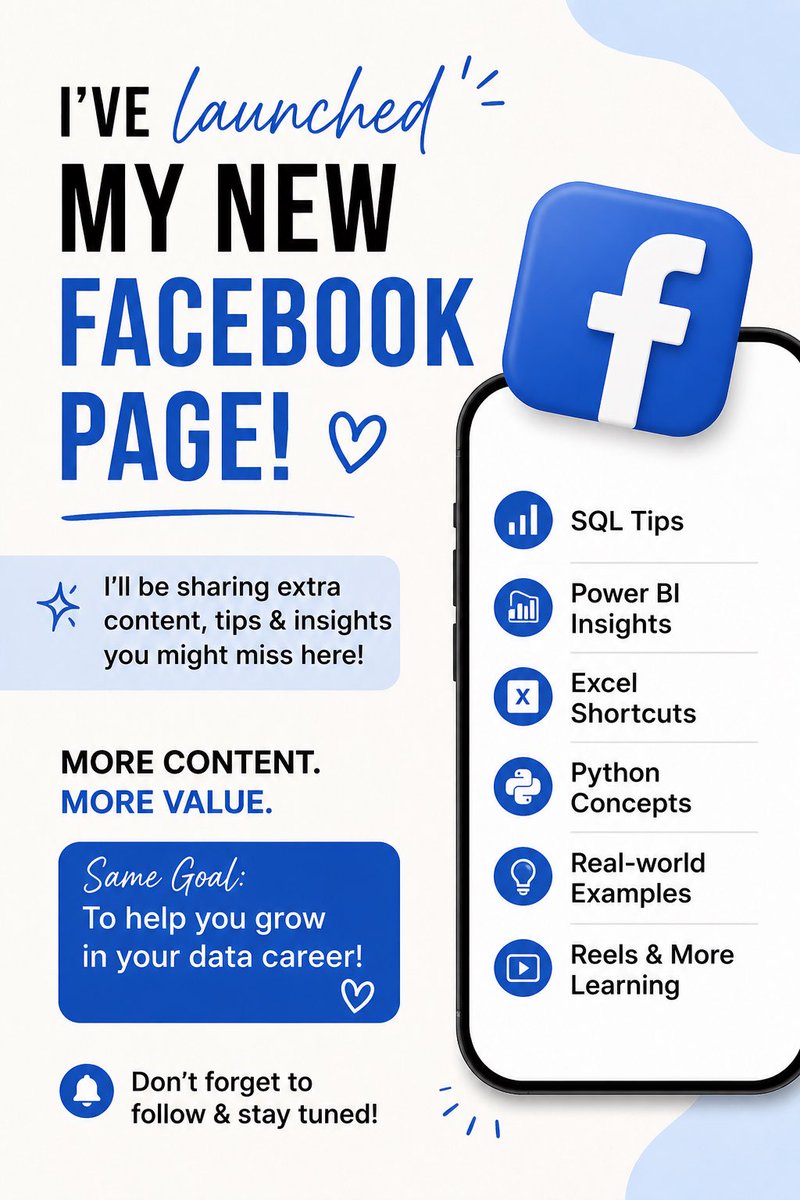 SheExploresData's tweet image. I’ve just launched my Facebook page to share more content on SQL, Power BI, Excel, and Python.

I’ll be posting extra insights, tips, and learning content you might miss here.

Follow along if you want to grow in data.

Link in the comments.

#DataAnalytics #SQL #PowerBI #Excel