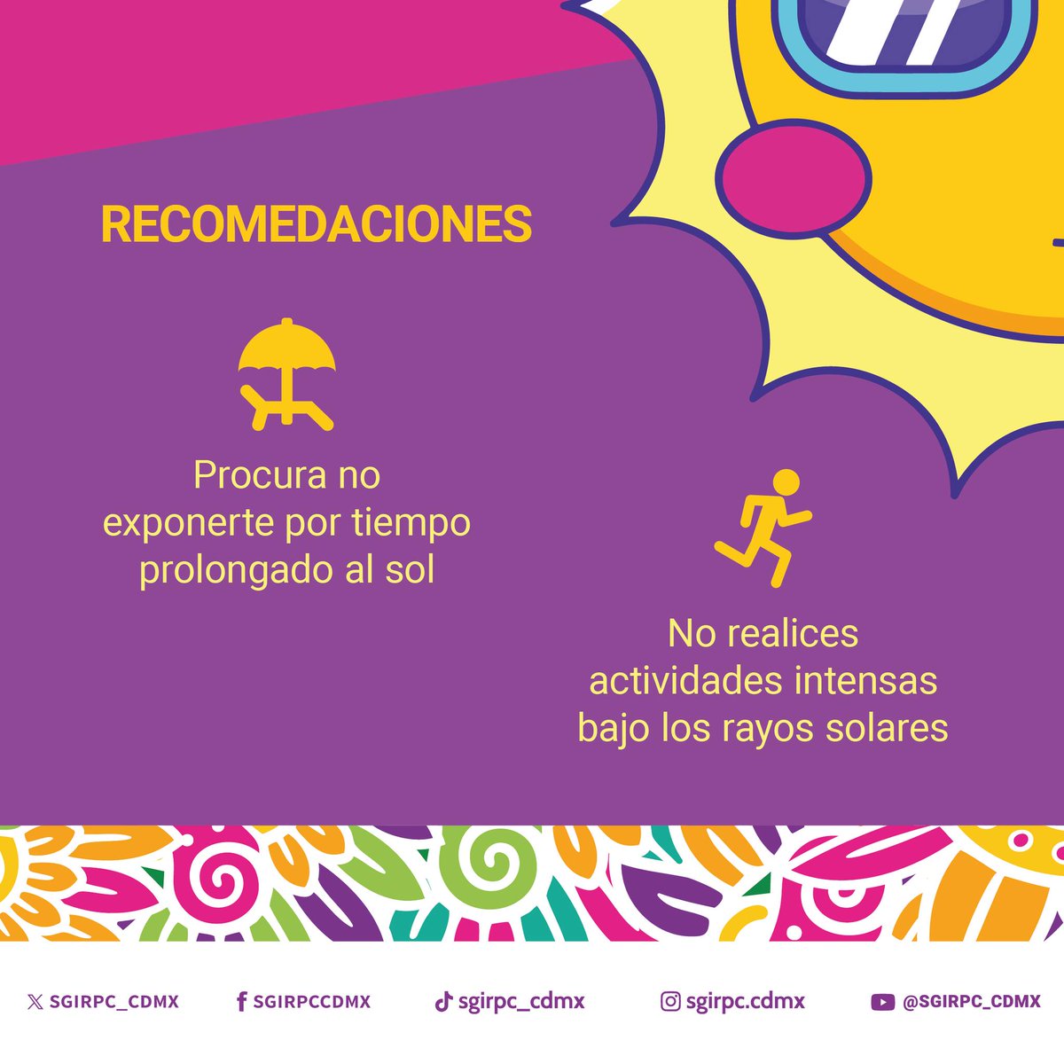 SGIRPC_CDMX's tweet image. En días de #calor en la Ciudad de México, toma en cuenta las siguientes recomendaciones para protegerte:
✅ Usa bloqueador
✅ Mantente hidratado
✅ No exponerse al sol por tiempo prolongado
✅ Evita comer en la vía pública, los alimentos se descomponen rápidamente