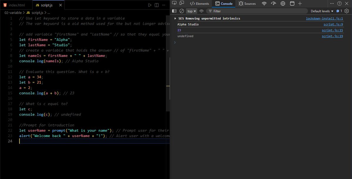ALPHASTUDIOCODE's tweet photo. Day 2 of learning JavaScript: got to know how to store data into a variable and also prompt the user for input and display a message. It's really a lot of fun playing around. π
See you guys out there!
@frontendmento
@freeCodeCamp
#WebDevelopment #zerotodeployment #JavaScript https://t.co/Xk27nhrk8q