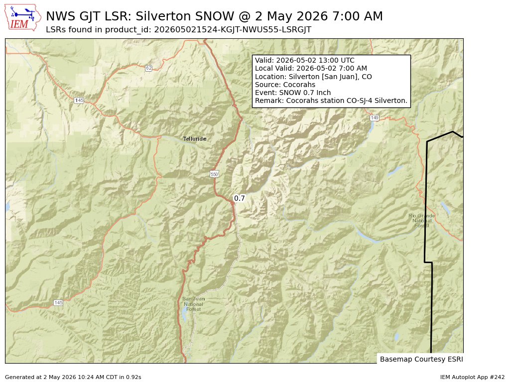 iembot_gjt's tweet image. At 7:00 AM MDT, Silverton [San Juan Co, CO] Cocorahs reports Snow of 0.70 Inch. Cocorahs station CO-SJ-4 Silverton. #cowx mesonet.agron.iastate.edu/lsr/?by=wfo&amp;amp;wf…