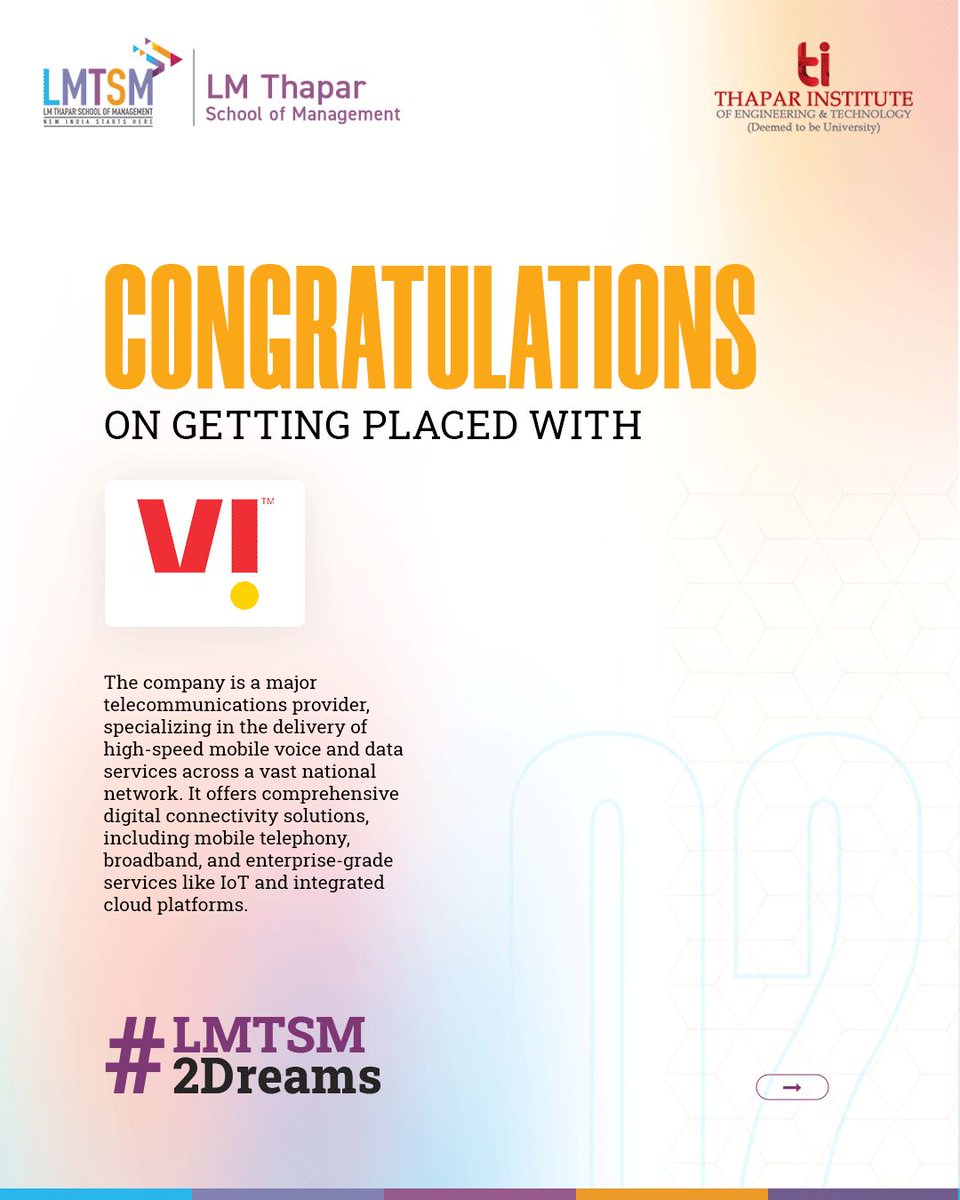 TSM_TU's tweet image. Congratulations to our MBA students, Parneet and Samridhi, for securing placements at VI. 

We are confident that the skills honed at LM Thapar School of Management will empower you to create a lasting impact.

#LMTSM2Dreams #Placement2026 #Management #Vi #ThaparUniversity