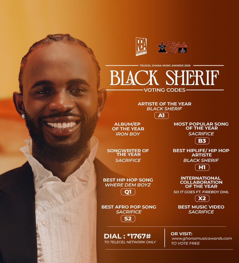 One week to TGMA 

Make sure you vote Black Sherif- 
A1,B3,H1,Q1,X2,S2
