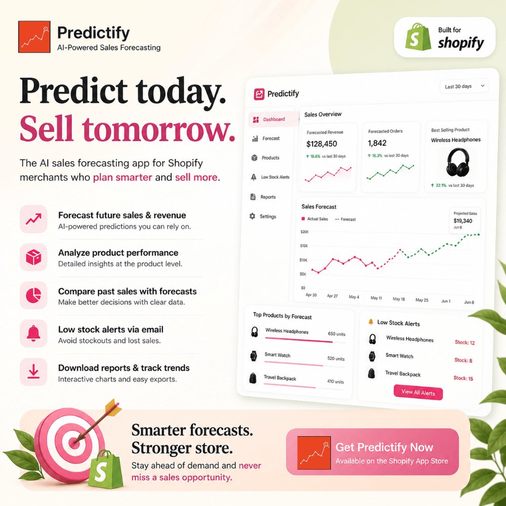 appifycommerce's tweet photo. Predict smarter, sell better with Predictify 🚀

 AI-powered sales forecasts, product insights &amp; low stock alerts—all in one.

Install now — https://t.co/H3XxXgU4Er

#Predictify #Appifycommerce https://t.co/aIYqZDy0sO