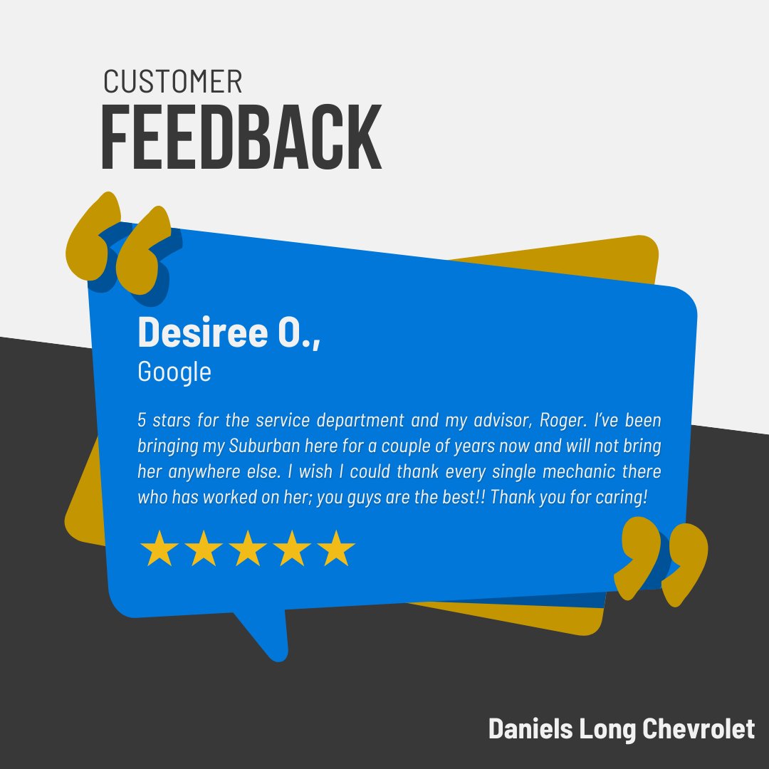 dlchevrolet's tweet photo. Thank you, Desiree! We’re thrilled you’ve consistently had great experiences with Roger and our service team. Your Suburban is in good hands, and we look forward to seeing you again at Daniels Long Chevrolet! https://t.co/FQlE0Vym4M