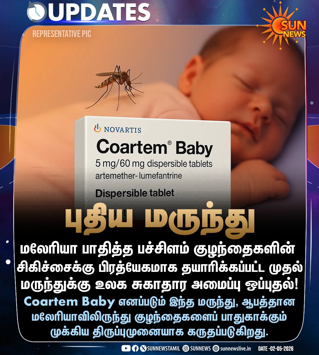 sunnewstamil's tweet image. #NewsUpdate | பச்சிளம் குழந்தைகளுக்காக தயாரிக்கப்பட்ட முதல் மலேரியா மருந்துக்கு WHO ஒப்புதல்!

#SunNews | #Malaria | #NewBorn