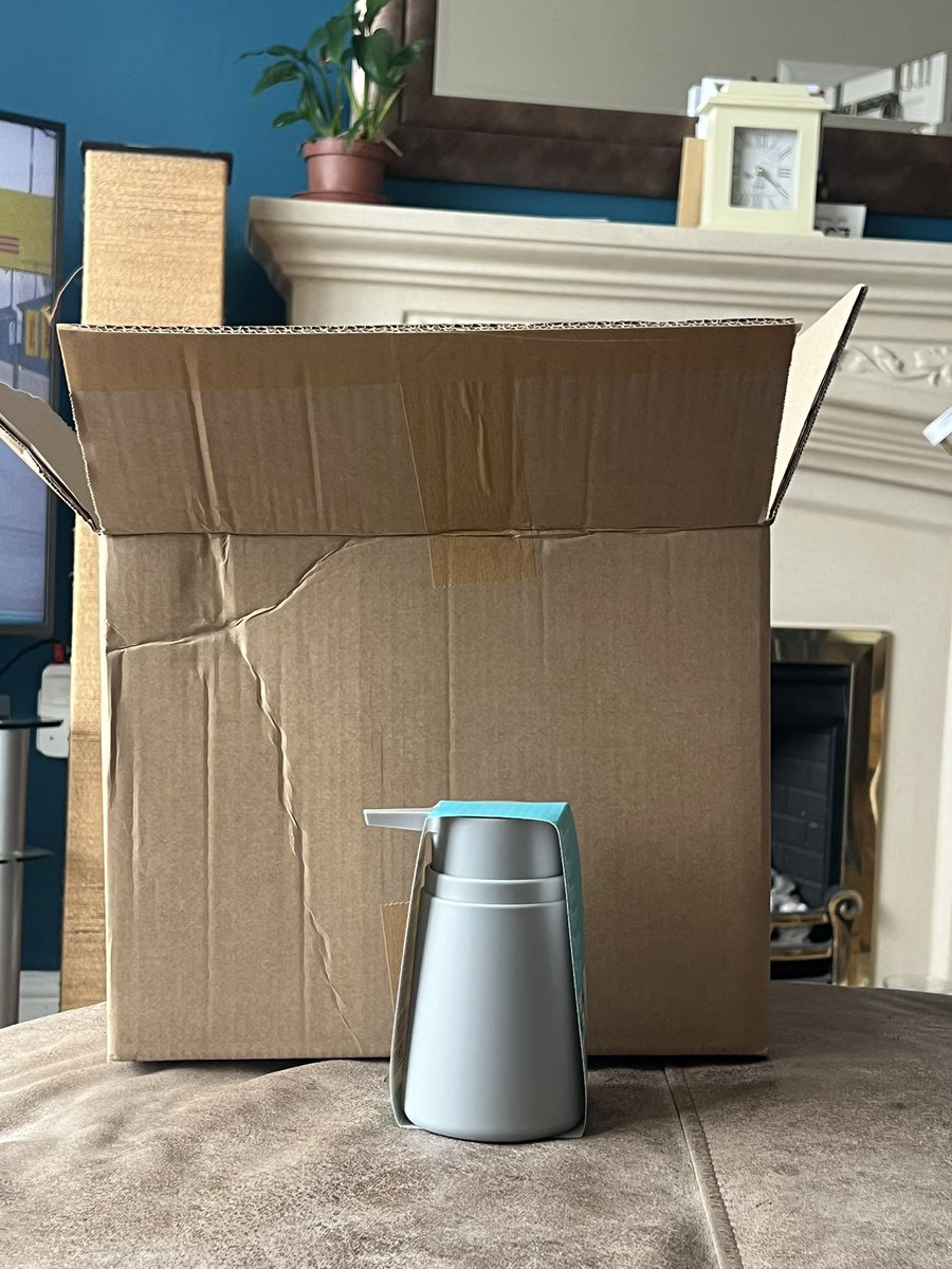 Hypermouse9999's tweet photo. @AmazonUK really? This big box for a soap dispenser the size of a mug? We also get a monthly sealed box that comes in an even bigger box? So unnecessary. https://t.co/R8dQRJlEJu