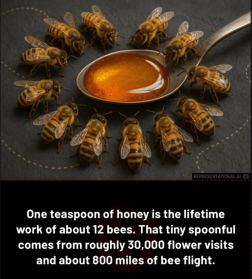 Rainmaker1973's tweet image. That tiny teaspoon of honey in your tea is more precious than it seems. To make just one teaspoon, 12 honeybees must work together their entire lives, visiting over 30,000 flowers and flying nearly 800 miles—all while carrying nectar drop by drop back to the hive.

Bees are
