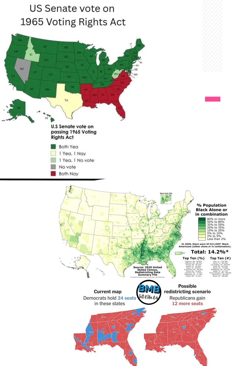 Bmbempower's tweet image. Examine the #Senate's #vote in 1965 for the Voting Rights Act of 1965, consider the current distribution of the black population, and observe the areas where Section 2 of the #VotingRightsAct will have the greatest impact. This illustrates the importance of consistent voting, and