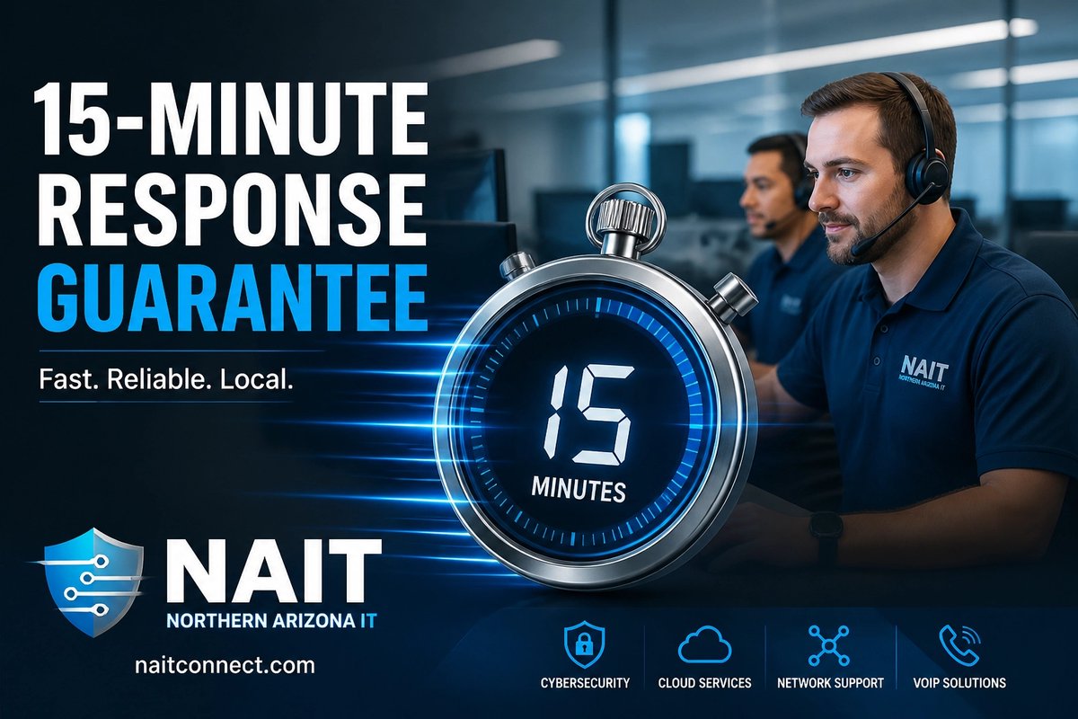 arizona_it's tweet image. Myth #5: "Response time doesn't matter." ⏱️ A delay can be the difference between a minor attempt and a total data breach. We answer in 15 minutes or less. Speed is your best defense. ⚡ #FastResponse #CyberDefense #ITSupport
