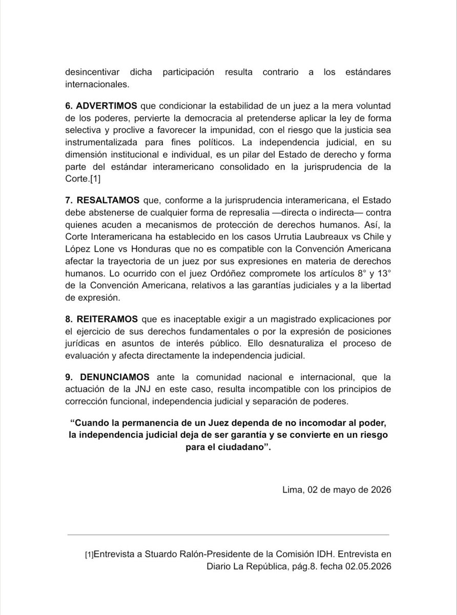 JUSDEM, en ejercicio de su función de defensa del Estado Constitucional de Derecho y de la independencia judicial, ante la no ratificación del Juez Superior Oswaldo Ordoñez Alcántara por parte de la Junta Nacional de Justicia, expresamos lo siguiente: