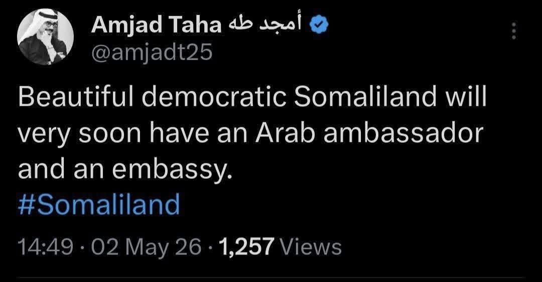BaidoaOnline's tweet image. #ALERT: UAE Analyst Signals Possible Arab Diplomatic Recognition of Somaliland Amid Secrecy

Amjad Taha, a political analyst from the United Arab Emirates, has suggested that an Arab country could soon become the first to establish formal diplomatic ties with Somaliland by