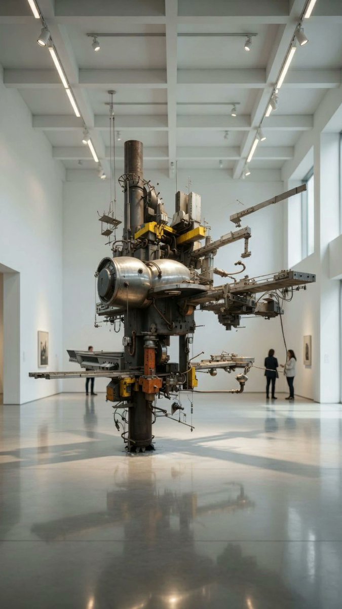 IsassiFernando's tweet photo. Máquina de Consumo Eterno (2026)  
Escultura industrial de acero y proyecciones.  
Ya no produce objetos: fabrica conciencia.  
Un monumento al trabajo precario y al consumo desmedido.  

ArteContemporáneo #FernandoIsassi https://t.co/5jhQChGush
