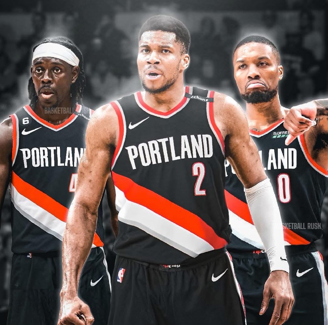 shaesharpeshow's tweet image. If Giannis would agree to sign an extension in Portland, you HAVE to go all in on him this Summer. Give up some combo of

Scoot OR Shaedon
Yang
Grant
Rob (sign and trade)
Bucks swaps
Additional draft capital

Opportunities like this don’t happen often.
#RipCity
