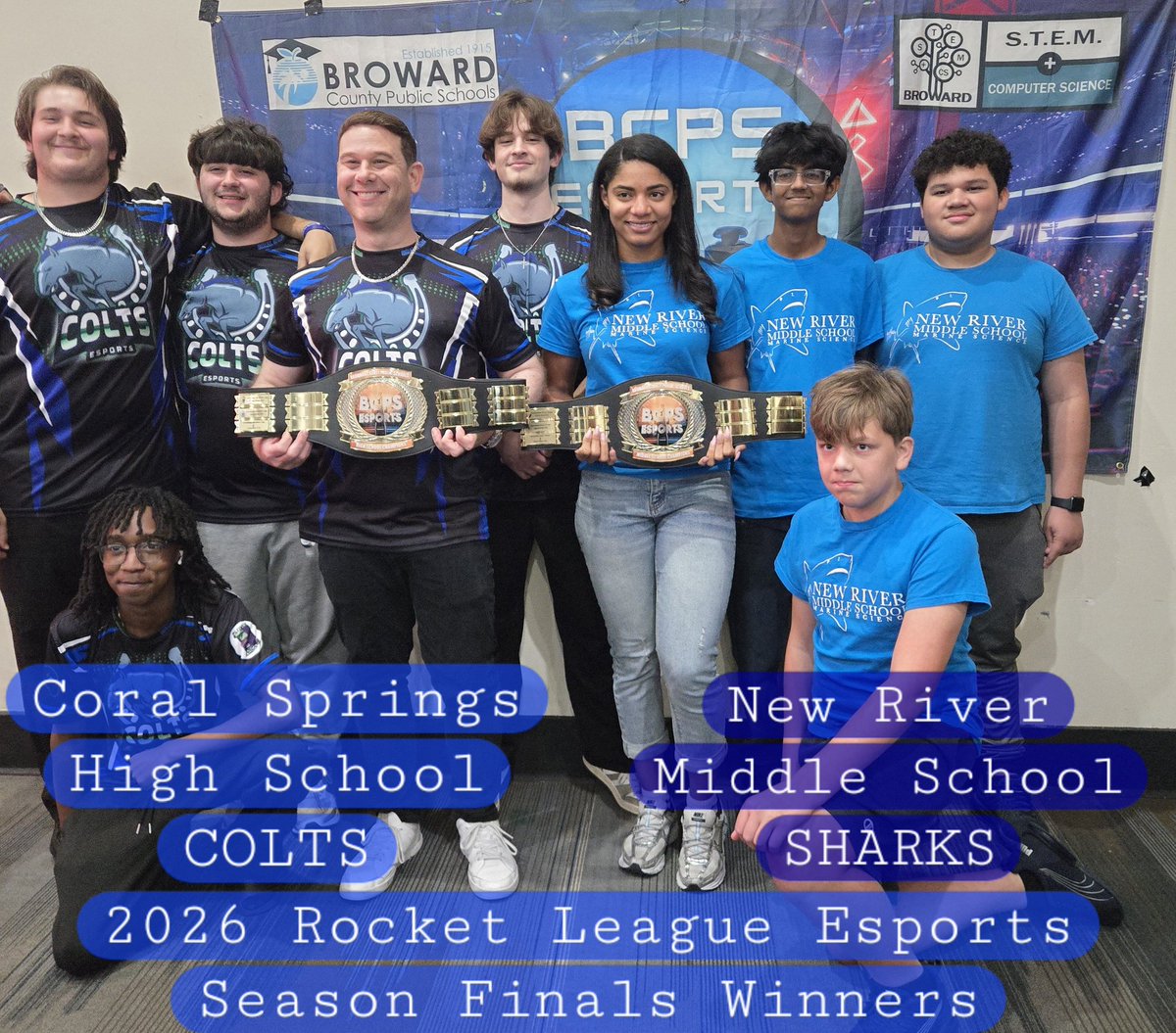 AMsky43's tweet photo. The winners 🏆 of the @BrowardSTEM 2026 Rocket League Esports Finals are ... @principalCSHS COLTS (HS league) &amp; @NewRiverMiddle SHARKS (MS league) 🥳 ALL THESE @browardschools TEAMS WERE AMAZING and treated us to 3 separate OT games! Thank you all for a great season 🤩 https://t.co/5UoKp0w5sq