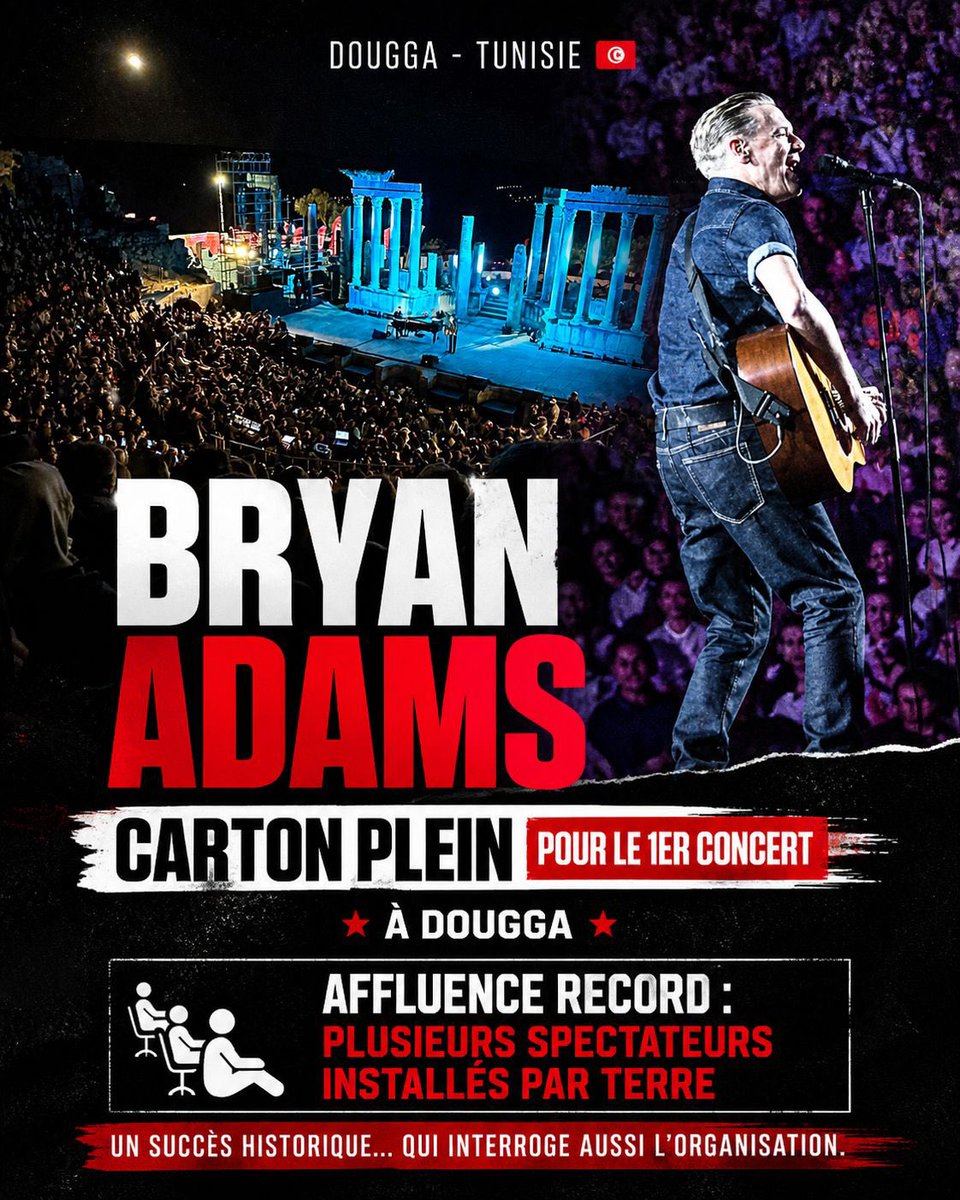 tunistribune's tweet photo. 🛑❤️ Carton plein pour Bryan Adams à Dougga 🇹🇳 🎹🎵🎼🎶
Affluence record : certains spectateurs ont dû s’installer à même le sol dans les gradins.
Un succès indéniable… mais l’organisation semble dépassée par l’affluence.
#Dougga #BryanAdams #Tunisie #FestivalDougga https://t.co/o1RJXYTEz3