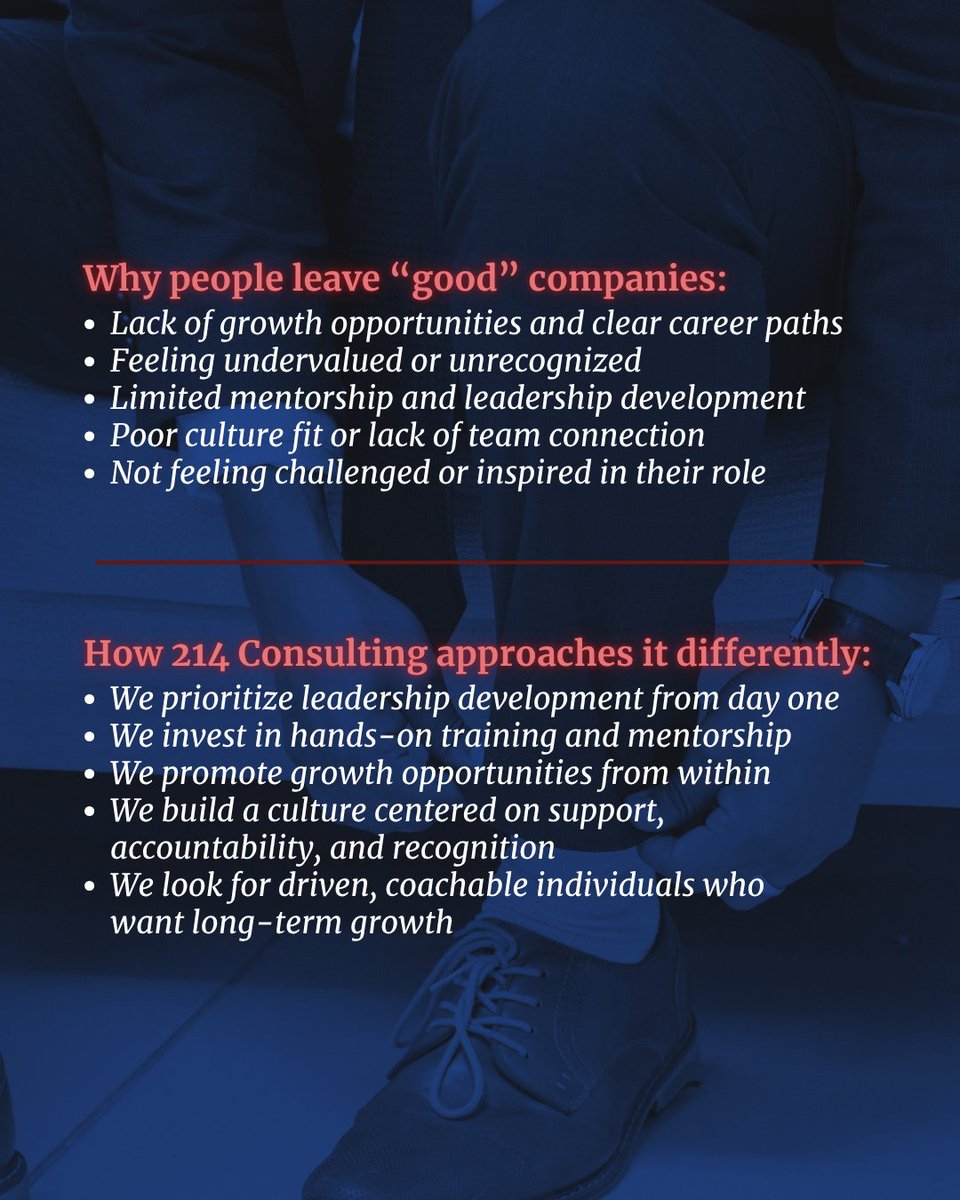 214Consulting's tweet image. People leave companies when they stop feeling challenged, supported, or connected to a bigger vision. At 214 Consulting, we focus on building that kind of culture through mentorship and opportunities for growth from within. 💼✨
-
#companyculture #careergrowth #214consulting