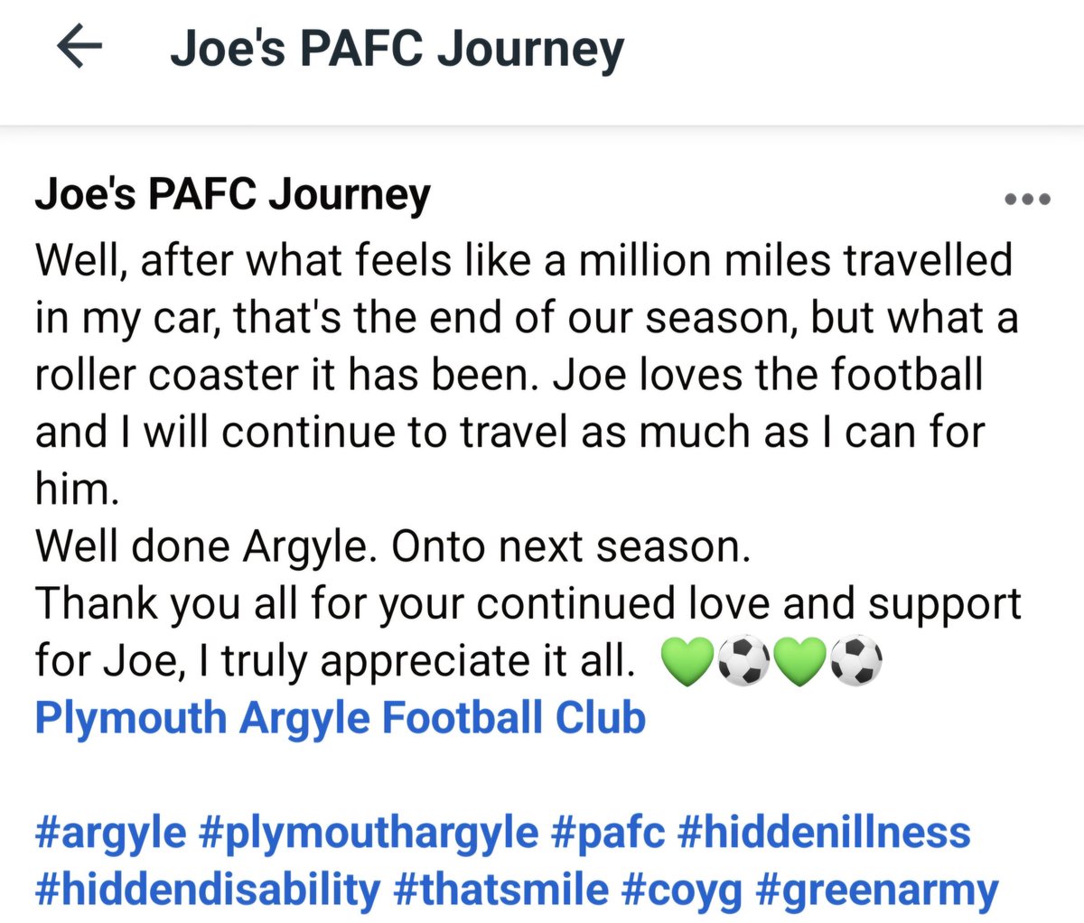 ClaireM73531493's tweet photo. Thank you all for your continued love and support for Joe, it is truly appreciated.
Onto next season โฝ๏ธ๐โฝ๏ธ๐
@Argyle
#argyle #plymouthargyle #pafc #hiddenillness #hiddendisability #thatsmile #coyg https://t.co/er6Ti0io82