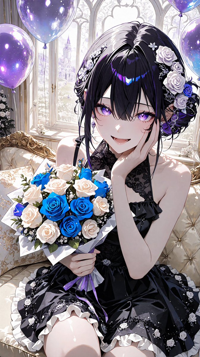 No.672｜青い薔薇を抱えた黒ドレスの少女
紫の瞳とバルーンの光が、祝祭の空気を淡く照らす一枚