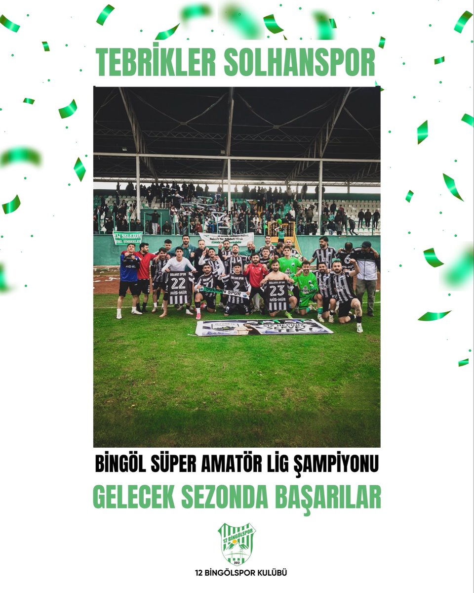 BingolsporFk's tweet photo. Şehrimizin güzide ilçelerinden Solhan’ı başarıyla temsil eden Solhanspor Kulübü’nü, Bingöl Süper Amatör Lig’de elde ettiği şampiyonluktan dolayı içtenlikle tebrik eder, yeni sezonda mücadele edecekleri ligde kendilerine başarılar dileriz. https://t.co/ybd1b0wCt2
